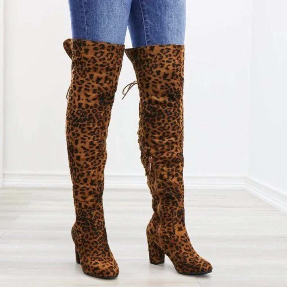Suede Leopard Thigh High Heeled Boots Back Laces - Picture 2 of 15